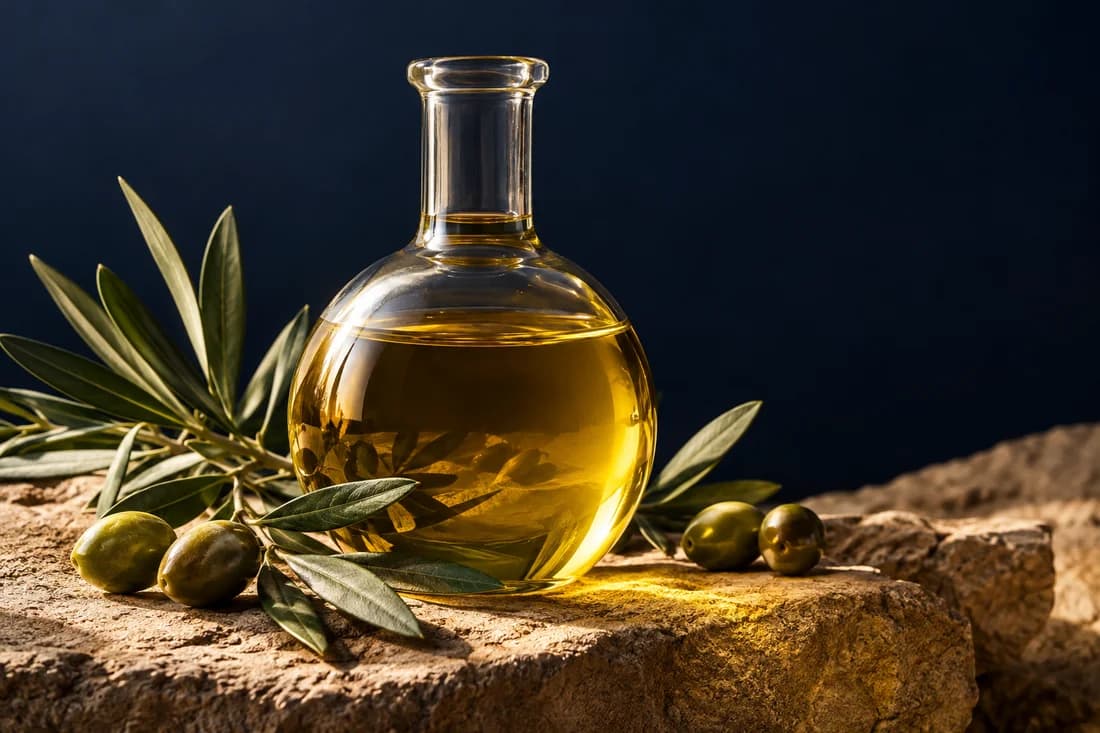 Golden natural oil in a glass flask with an olive branch on sandstone